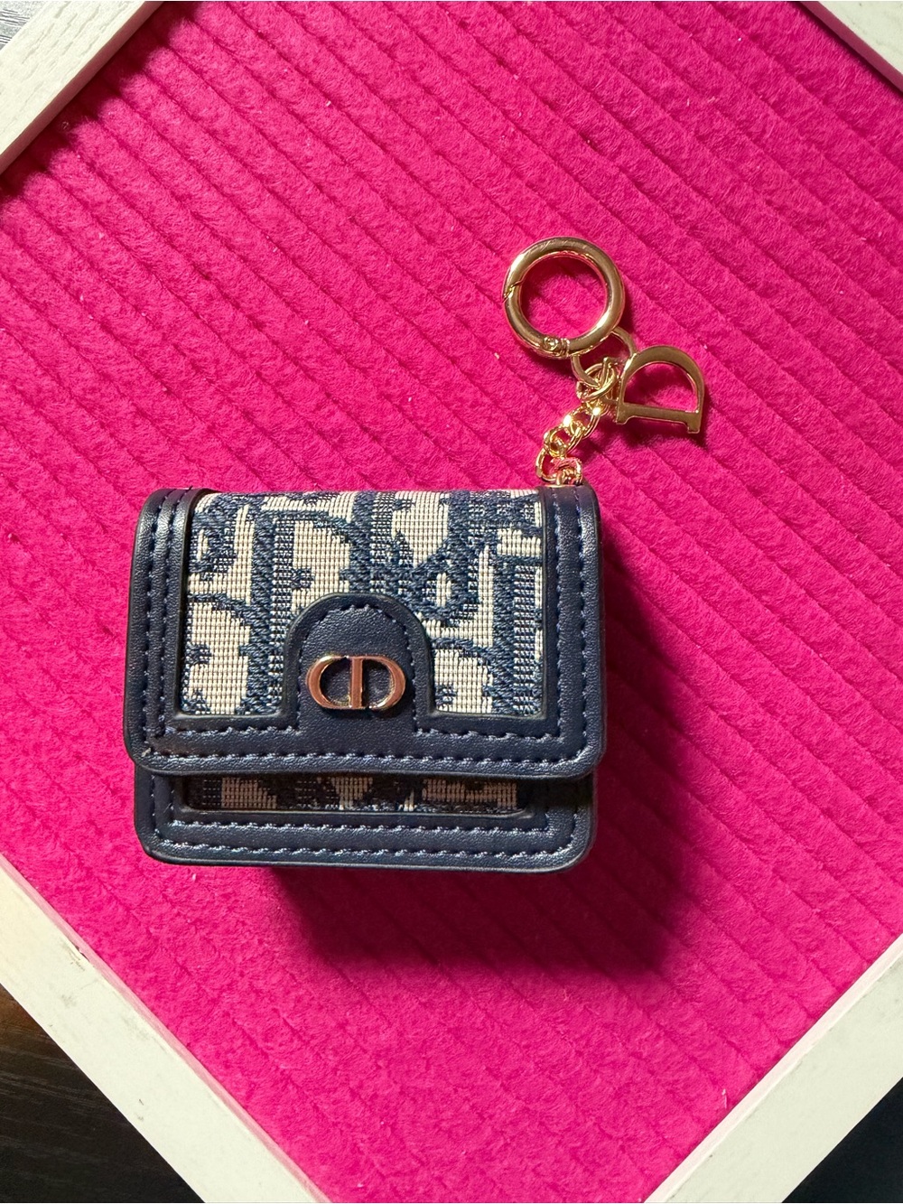 AirPods holder Navy & Beige Oblique with Gold Hardware